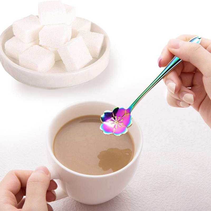 SelfTek 8Pcs Rainbow Flower Spoon Set, 2 Different Size Colorful Stainless Steel Reusable Coffee Sugar Stirring Dessert Cake Tea Scoops Table Mixing Ice Tea Spo-on