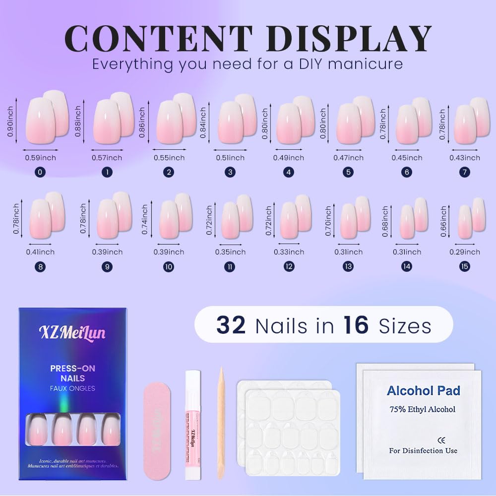 Ombre Press-On Nails - White & Light Pink Coffin Acrylic Design | 30 Pcs Reusable DIY Nail Art Kit for Women