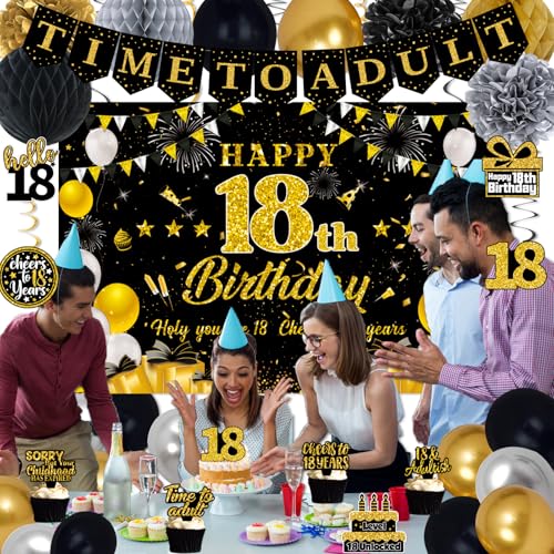 Black Gold 18th Birthday Decorations Set for Boys - 52pcs