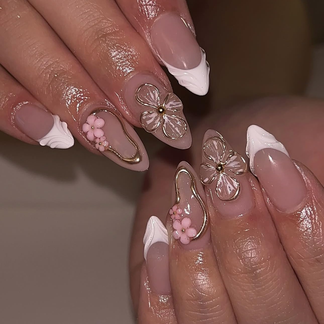 French Tip Press-On Nails - 24Pcs White Wave Almond Design | 3D Gold Foil & Pink Flowers