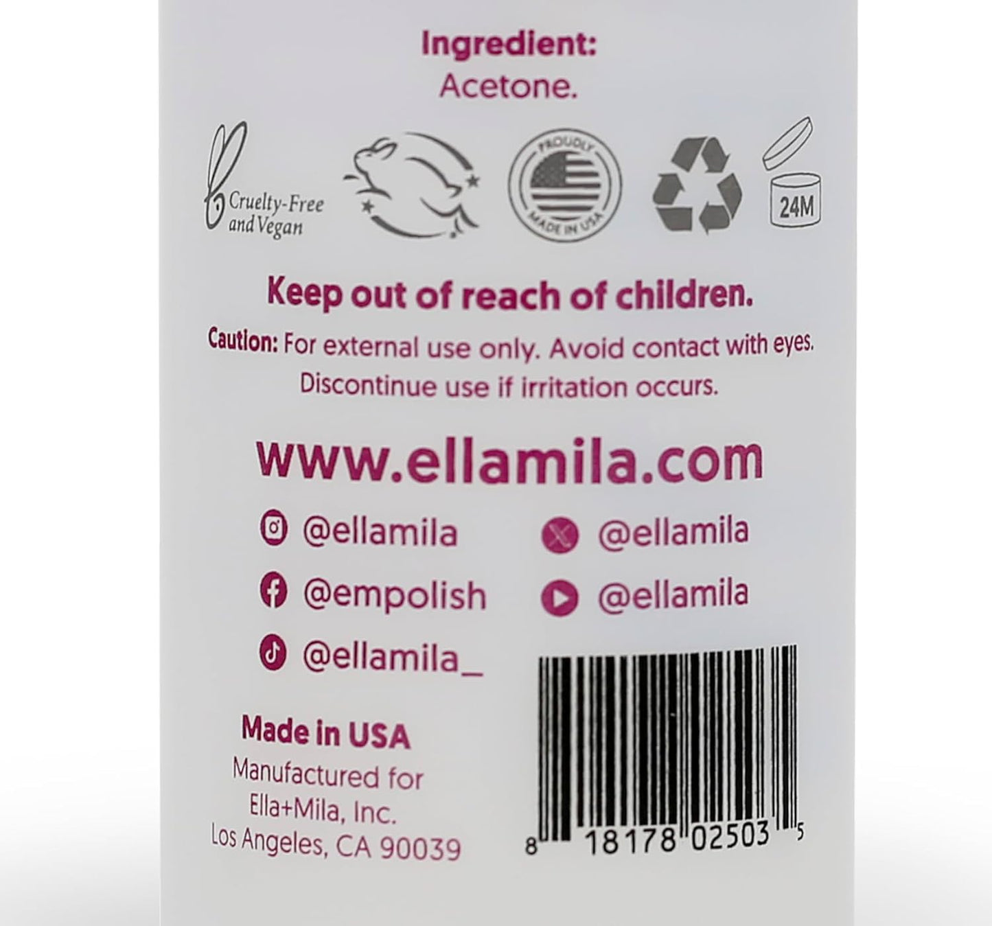 Ella+mila 100% Pure Acetone Nail Polish Remover - Professional Strength Gel for Acrylic & Shellac | 8 fl oz