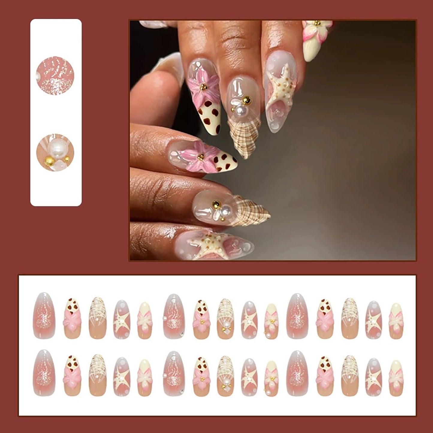 30 Pcs Summer Press on Nails Beach Fake Nails with Cute Flower Ocean Jellyfish Starfish Pattern Design Pearl Full Cover Almond False Nails Reusable for Women Summer Beach DIY Manicure Decoration
