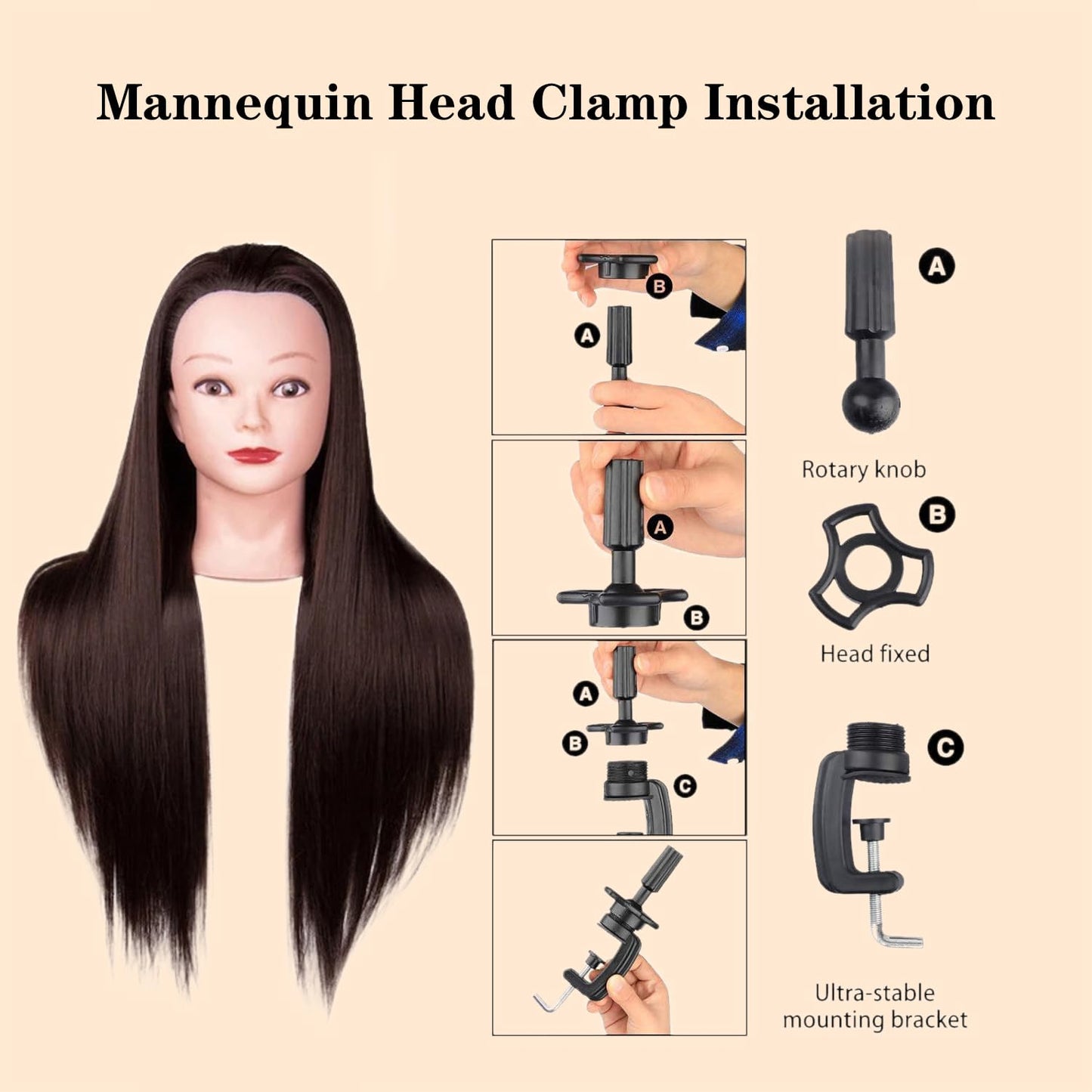 28" Braiding Practice Mannequin Head with 60% Human Hair - Includes 9 Hairdressing Tools & Clamp Stand, Ideal for Hair Styling, Cosmetology Training & Makeup Styling Practice (Dark Brown)