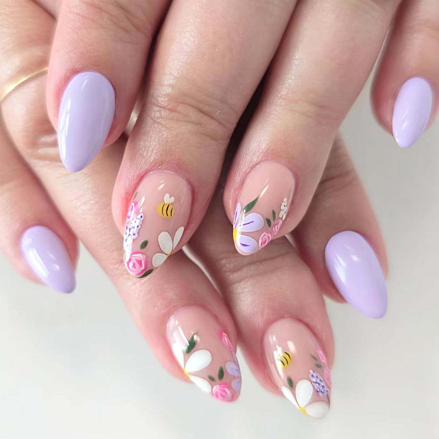 Colorful Gradient Press-On Nails - Medium Almond Summer Sunset | Reusable Glossy Full Cover 24 Pcs with Adhesive Stickers