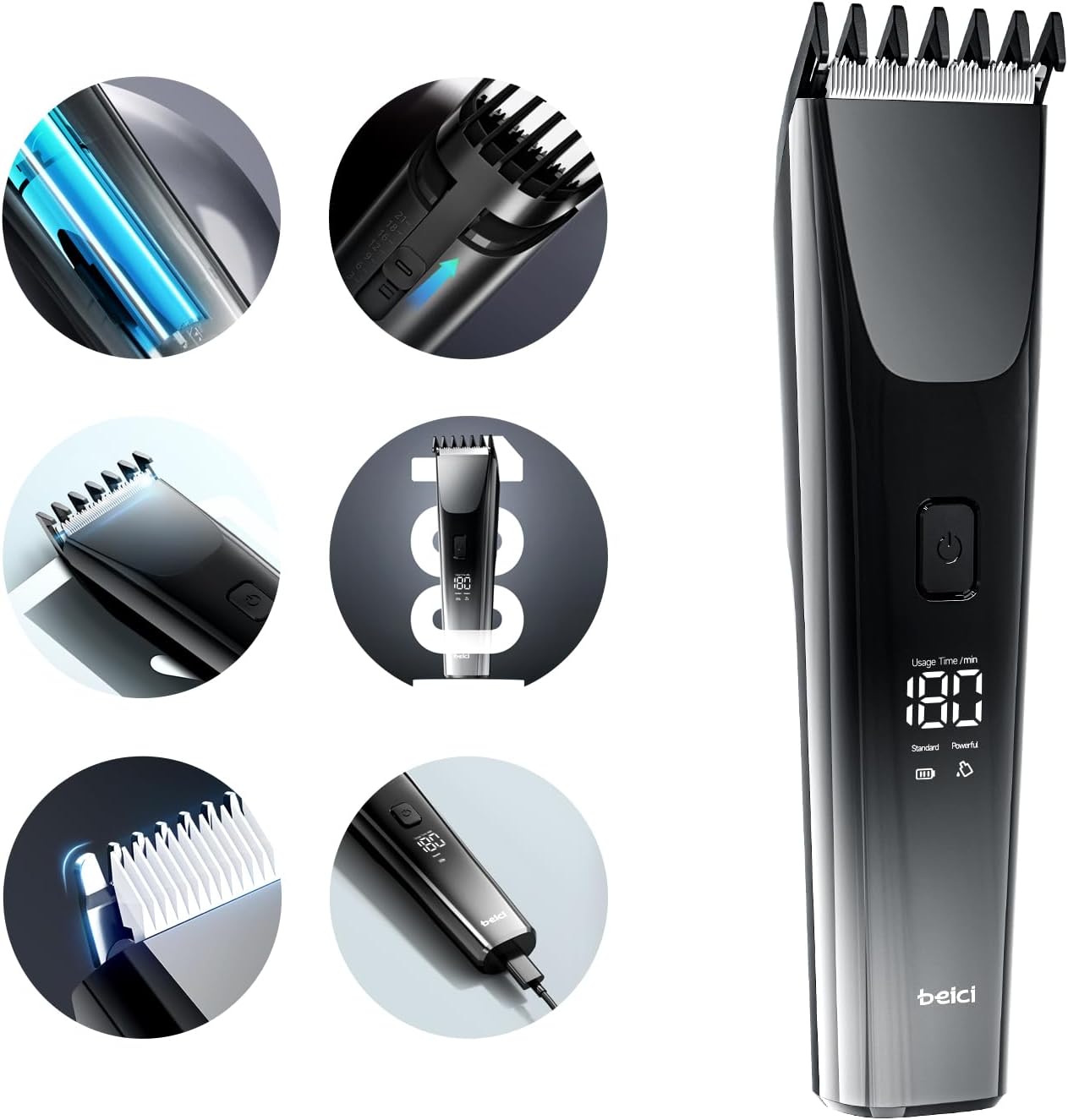 Hair Clippers for Men & Kids - Adjustable Length Trimmer with LED Display | Fast Charging Grooming Kit in Black