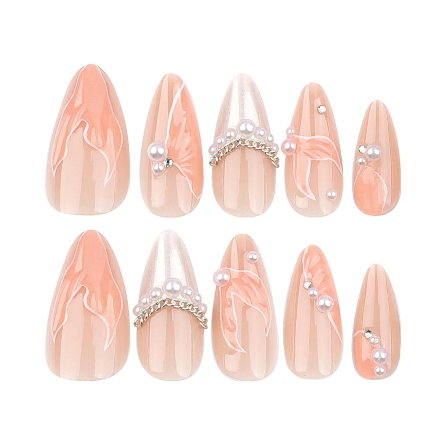 Nude Press On Nails - Fishtail French Tip Design | Glossy Full Cover Medium Almond 24 Pcs for Women