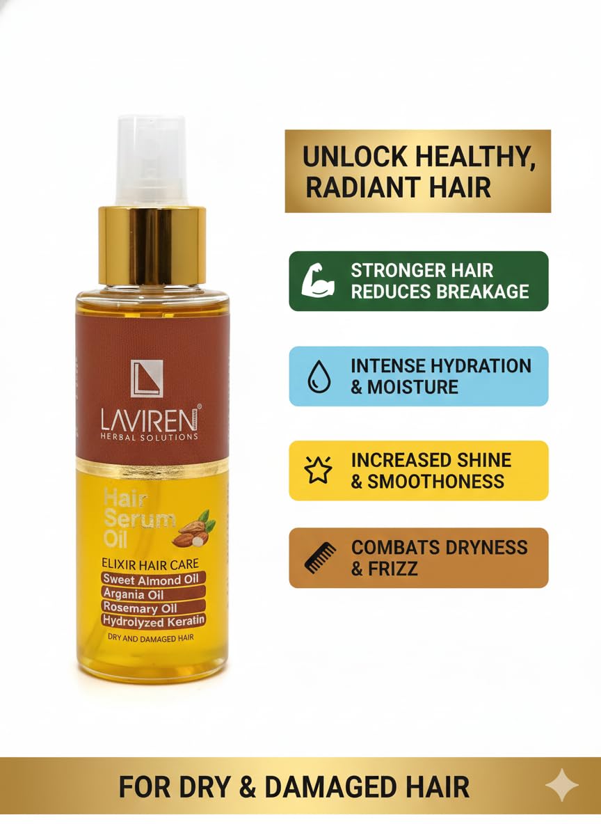 LAVIREN Elixir Hair Care Oil with Sweet Almond, Argania, Rosemary and Hydrolyzed Keratin for Dry and Damaged Hair Treatment