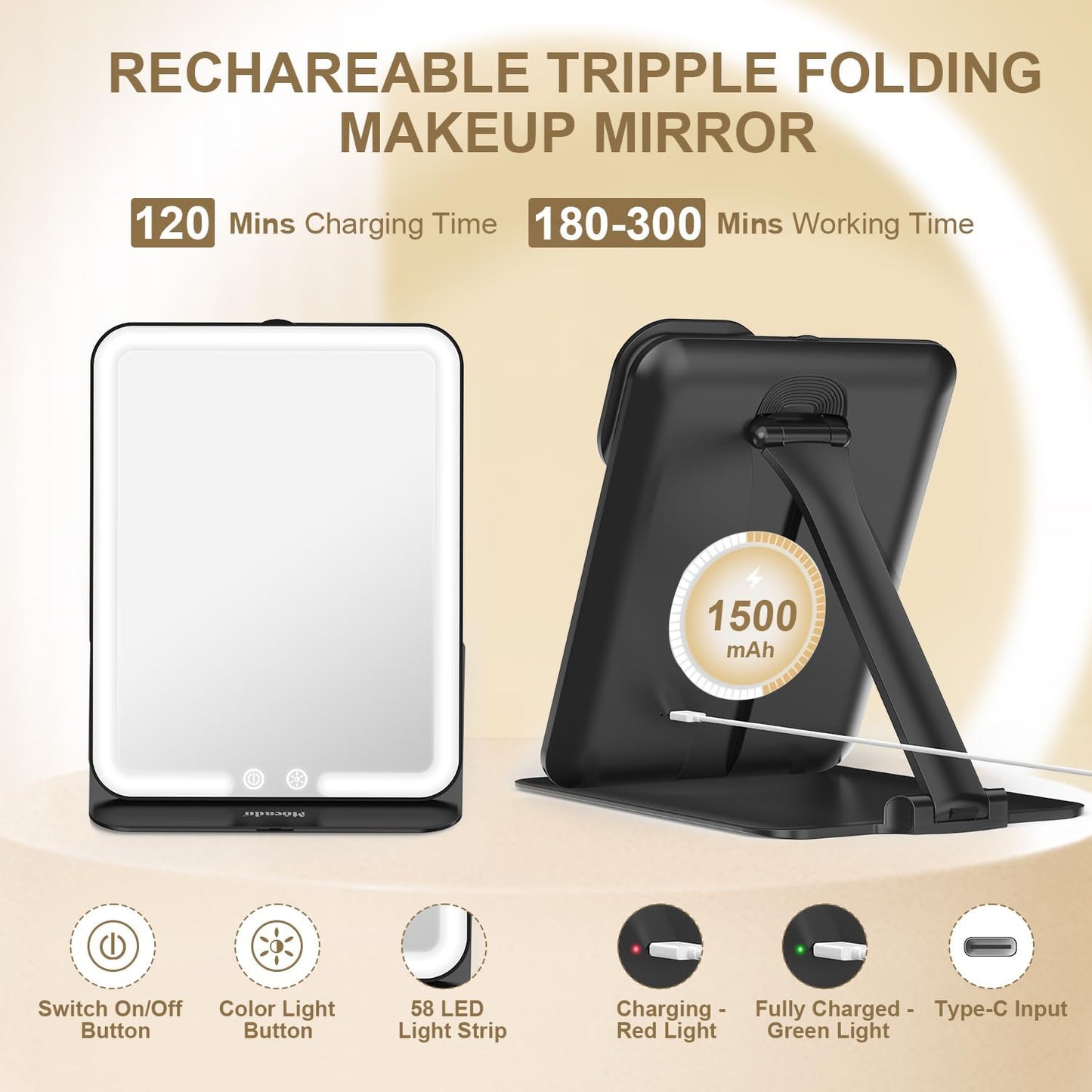 Mocado Travel Makeup Mirror - Lighted Triple Folding Vanity Mirror with 3 Color Settings | Rechargeable 1500mAh Battery, Adjustable Height & Angle (Black)
