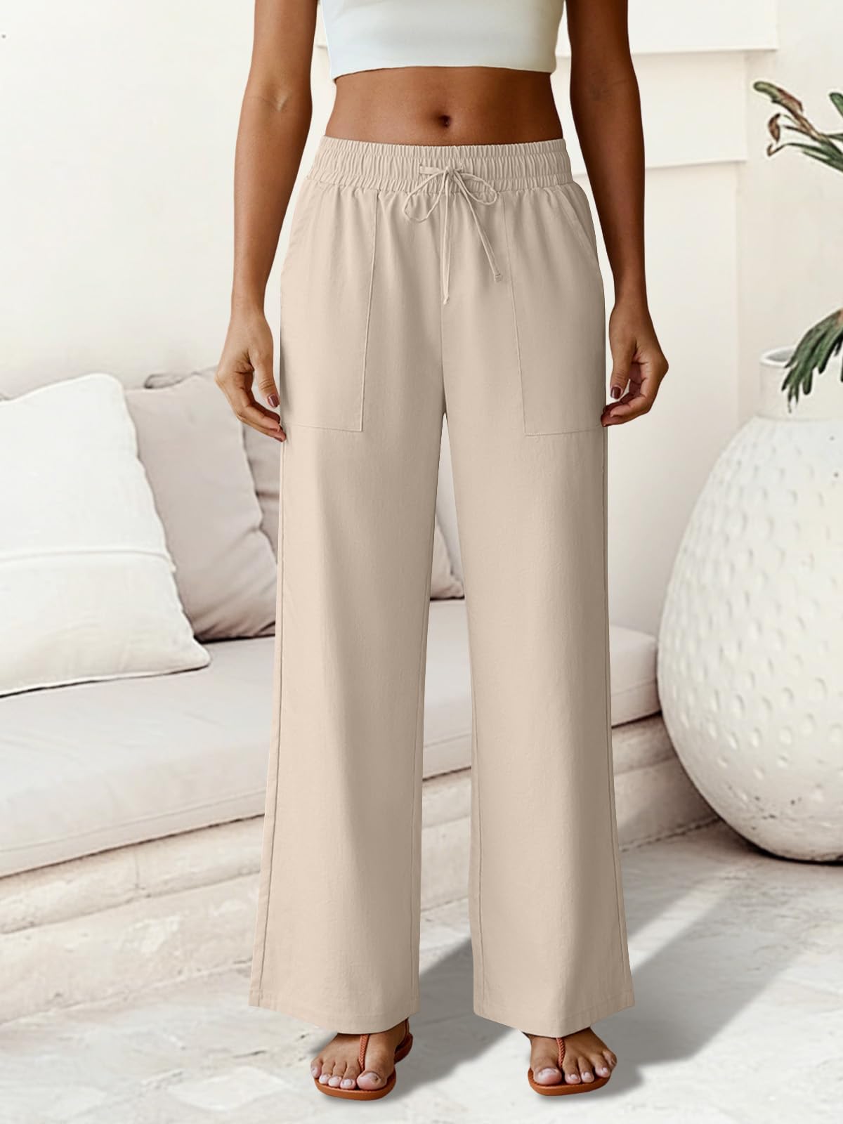 FireSwan Womens Linen Palazzo Pants Wide Leg Drawstring Casual Flowy Pants Summer Beach Trousers with Pockets