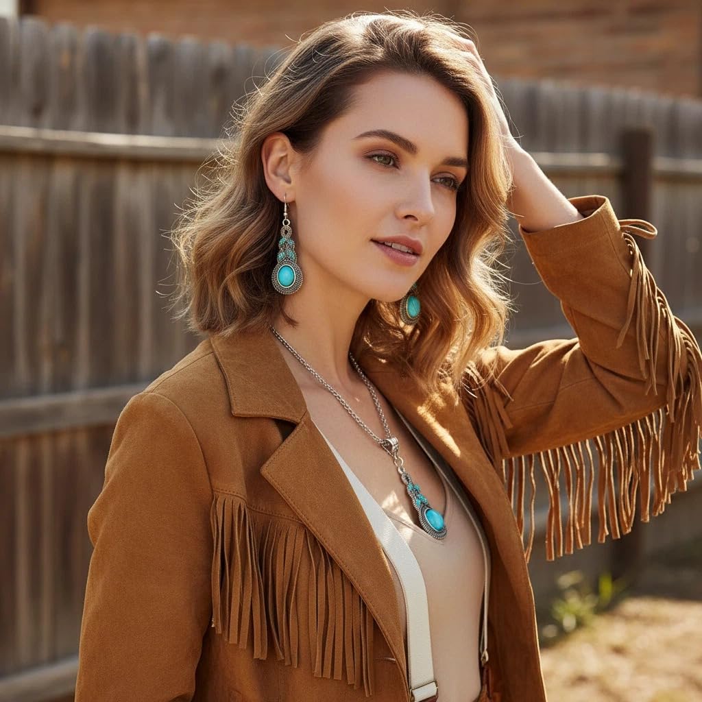 2-Piece Turquoise Style Jewelry Set for Women – Vintage Western Necklace and Drop Earrings – Boho Teal Statement Accessories