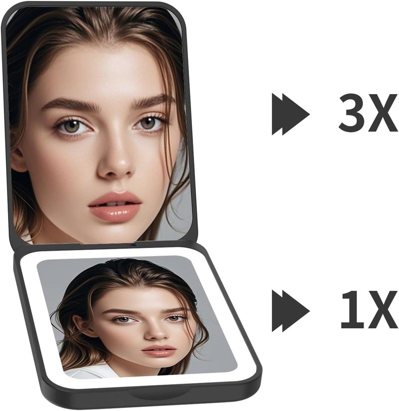 Kintion Pocket Mirror - Rechargeable Dimmable 3 Color LED Lighting | Compact Travel Makeup Mirror for Women - Black