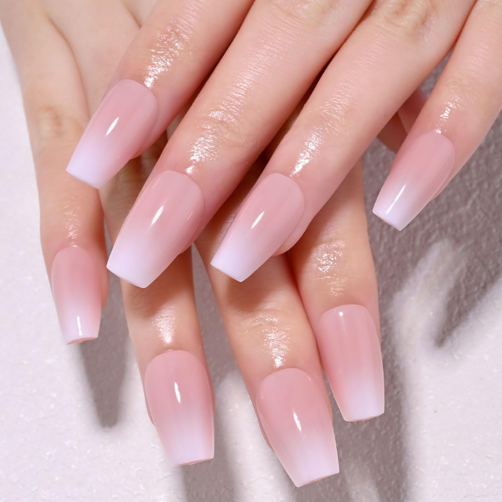 Cat Eye French Tip Press-On Nails - Nude & Pink Short Almond | Reusable Glue-On Nails with Gold Line for Weddings & Parties
