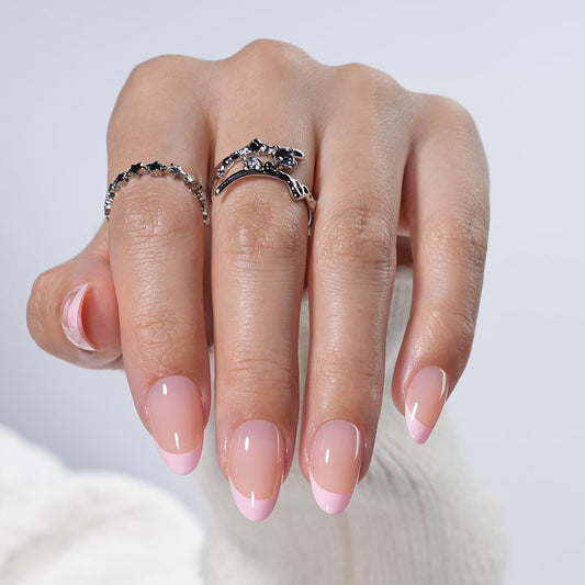 French Tip Press On Nails - Glossy Pink Almond Reusable Fake Nails | 32 Pieces in 16 Sizes with Glue