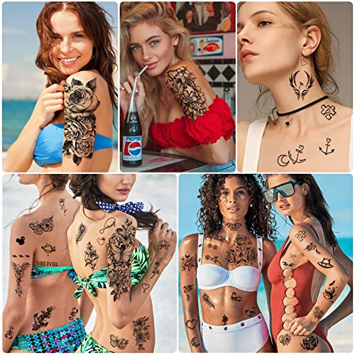 Yazhiji Black Waterproof Temporary Flower and Butterfly Tattoo Sheets for Women & Girls