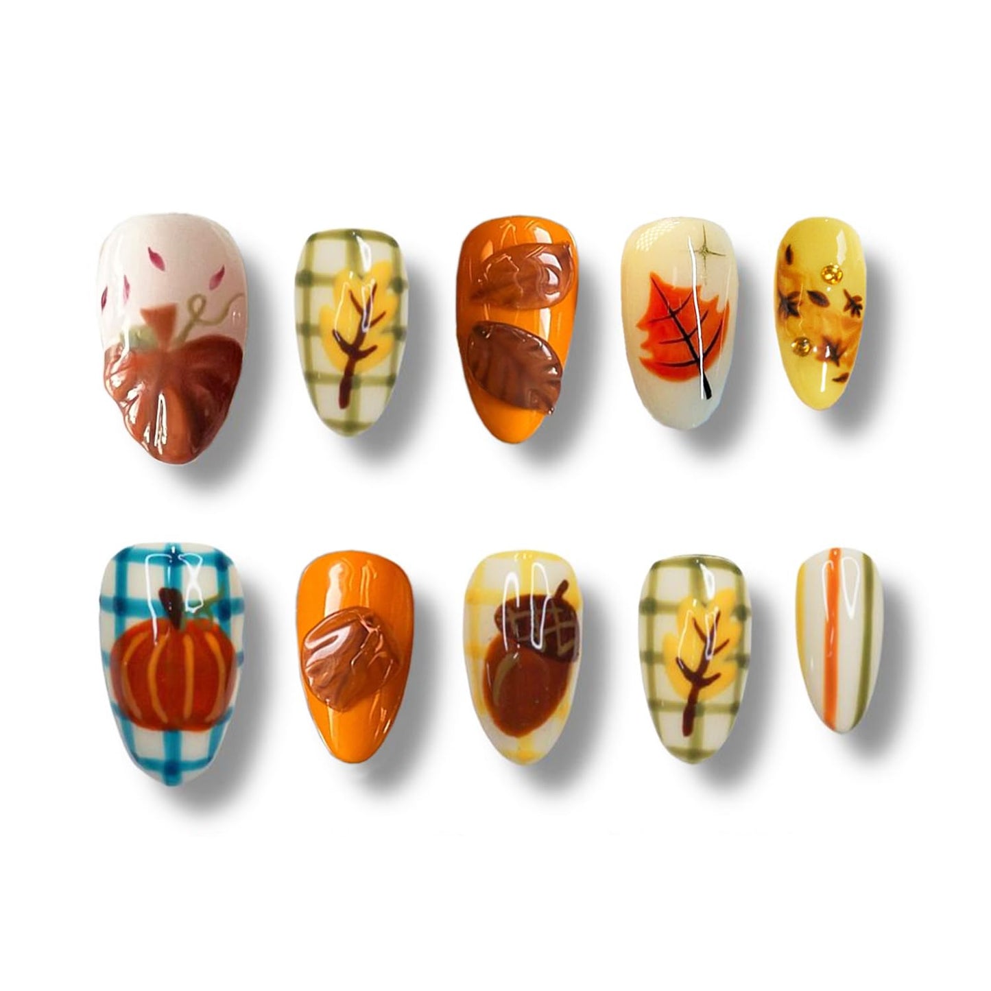 30Pcs Fall Press-On Nails - Short Almond Acrylic Nails with 3D Leaf & Pumpkin Designs | Reusable Thanksgiving Nail Art