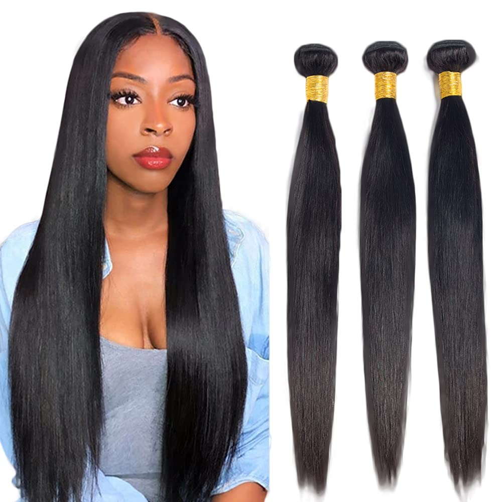 #1B Human Hair Bundles Natural Color Straight Bundles 14 16 18 Inch Balck Bundles Unprocessed Brazilian Virgin Hair 3 Bundle 50 Gram Per Bundle Deals Quick Weave Hair Extensions