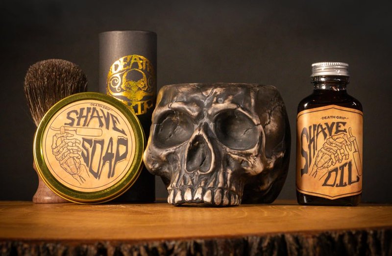 Shaving Kit for Men – Traditional Wet Shave Set with 4oz Shaving Soap, 3oz Tea Tree Oil, Badger Brush & Skull Bowl – For Use with Safety Razor or Straight Razor – Barber Grooming