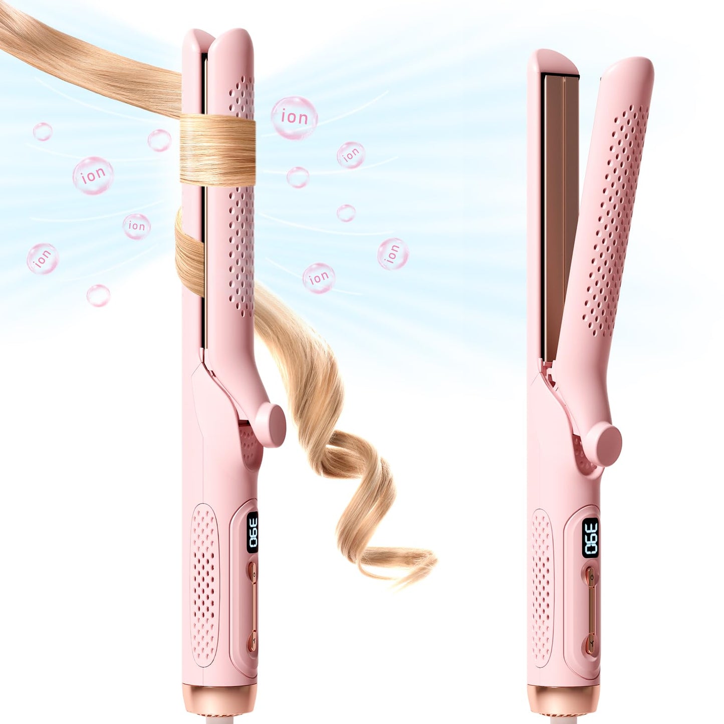 Hahahope Airflow 2 in 1 Straightener and Curler- 360° Airflow Styler Curling Iron, 1.25" Flat Iron Hair Straightener and Curler 2 in 1 for Short Long Hair, 5 Temps,Dual Voltage,Light Pink