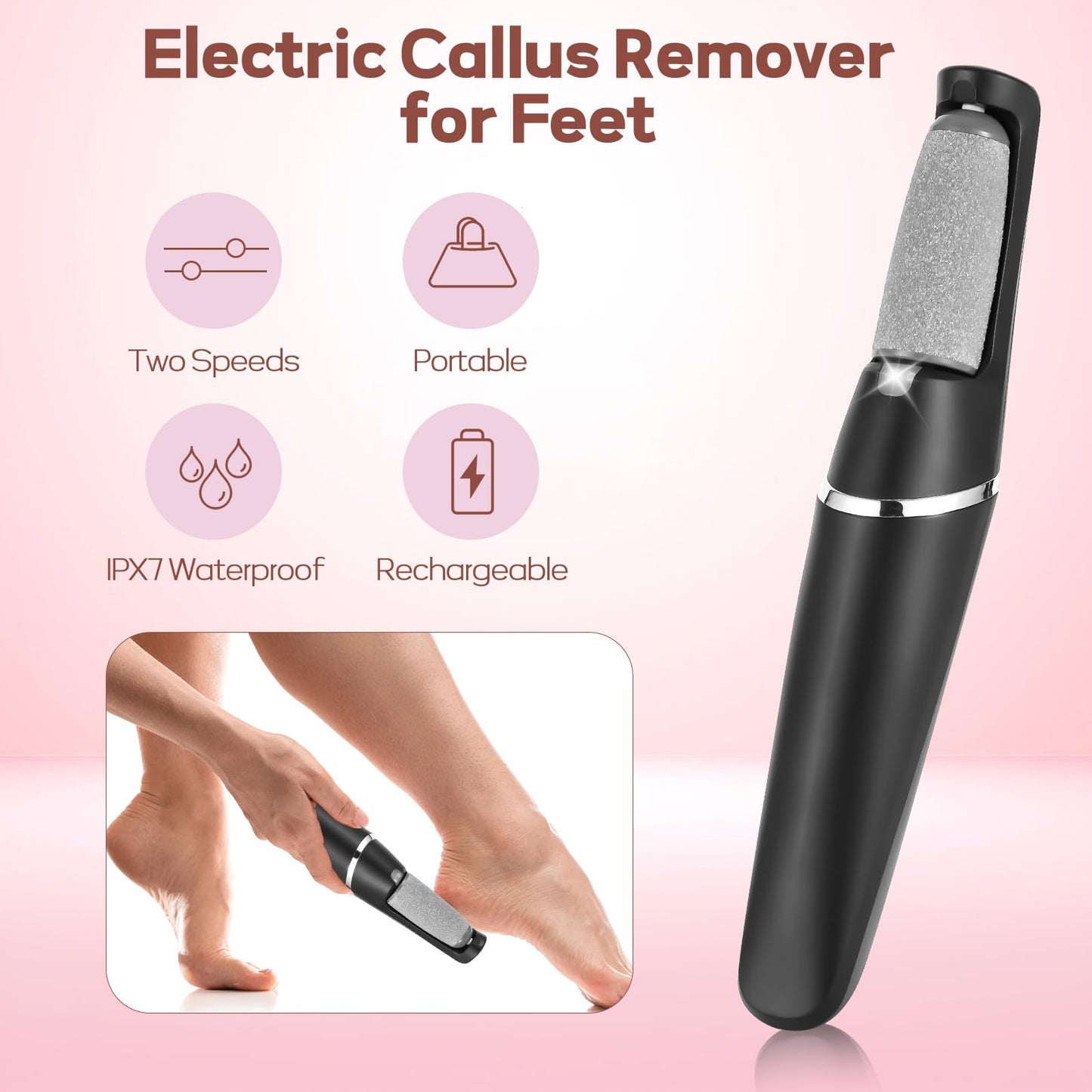 Electric Foot Callus Remover, Callus Remover for Feet Rechargeable Portable Pedicure Tools, Foot Grinder Smooth Pedicure Wand for Feet Care, Removes Dry Hard & Dead Skin Ideal Gift -Black