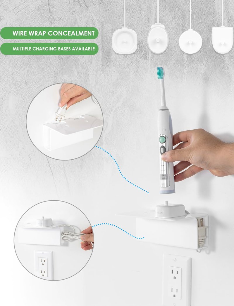Haohaio Acrylic Electric Toothbrush Holder for Bathroom, Wall Mounted Electric Toothbrush Holder with Hidden Cable Management, Space-Saving and Convenient for Charging -White-2P