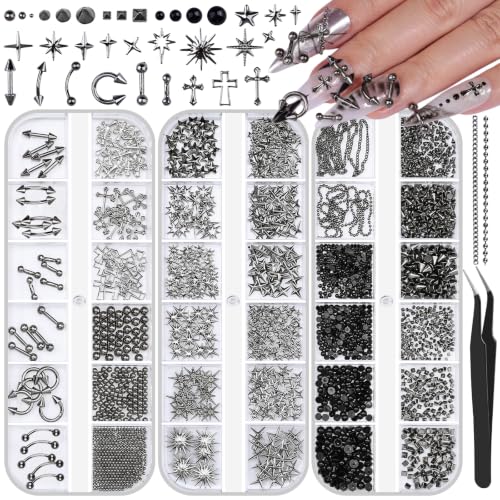 Black Gothic Nail Charms Set with Studs and Spikes for Nail Art, 3-Pack