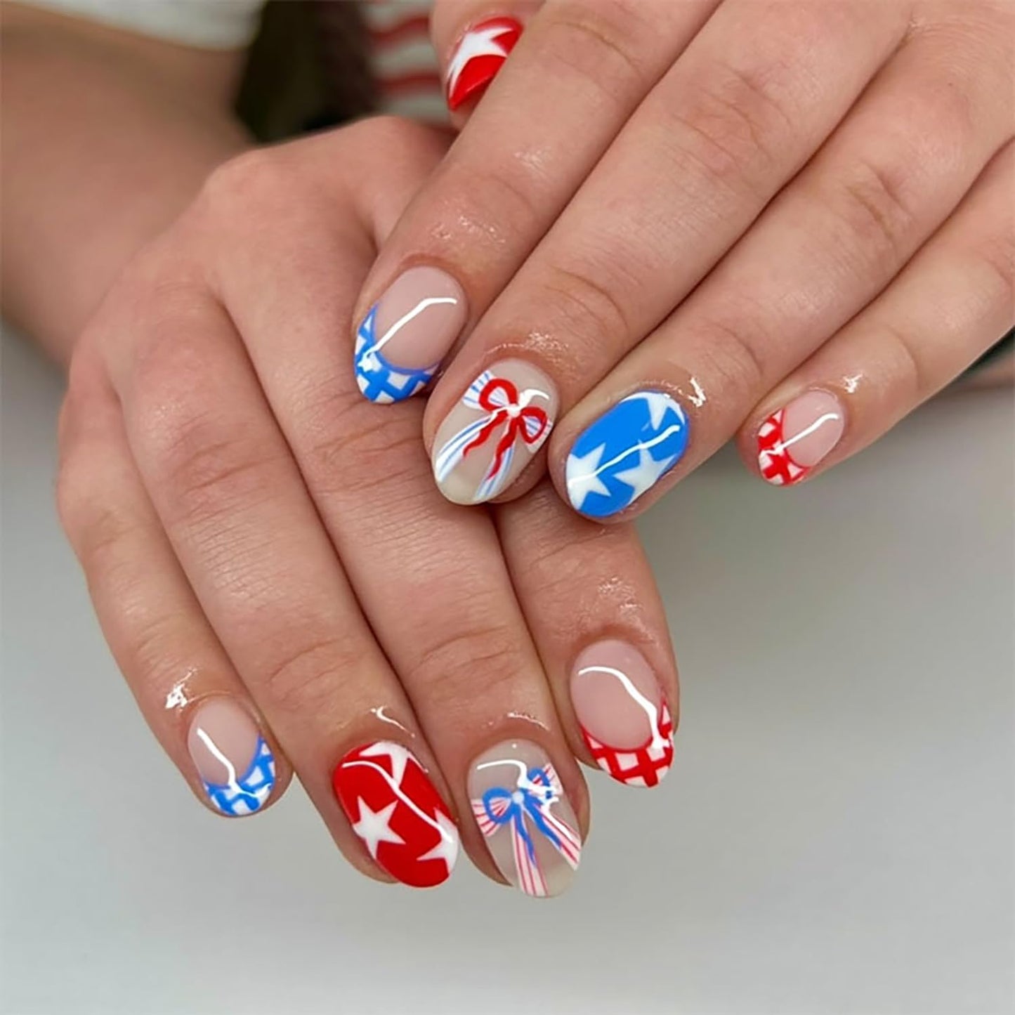 3D Blueberry Flower Press-On Nails - Medium Almond Shape with Pearl & Gold Beads | Reusable Glossy Blue French Tips for Summer Parties