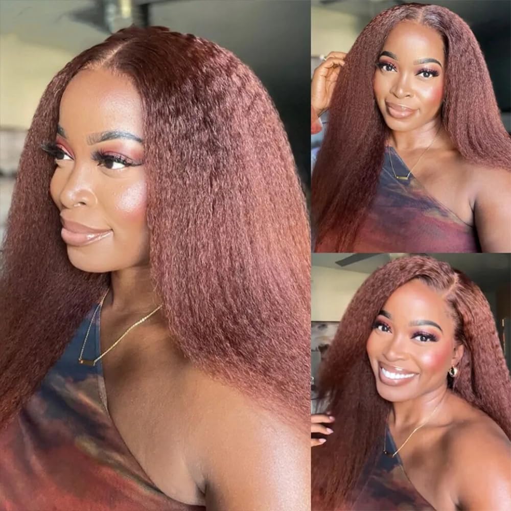 Color 33 Copper Red Kinky Straight Bundles Human Hair Reddish Brown Yaki Straight Bundles Double Weft Brazilian Virgin Reddish Brown Human Hair Extensions Silky and Soft for Black Women 10 12 14 inch