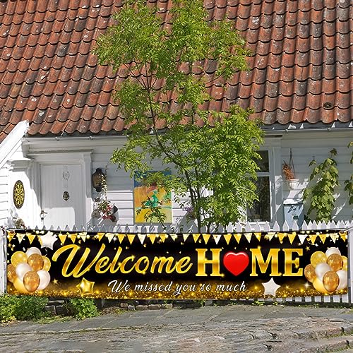 Welcome Home Banner Decoration - Black Gold Vinyl Sign for Indoor/Outdoor Celebrations