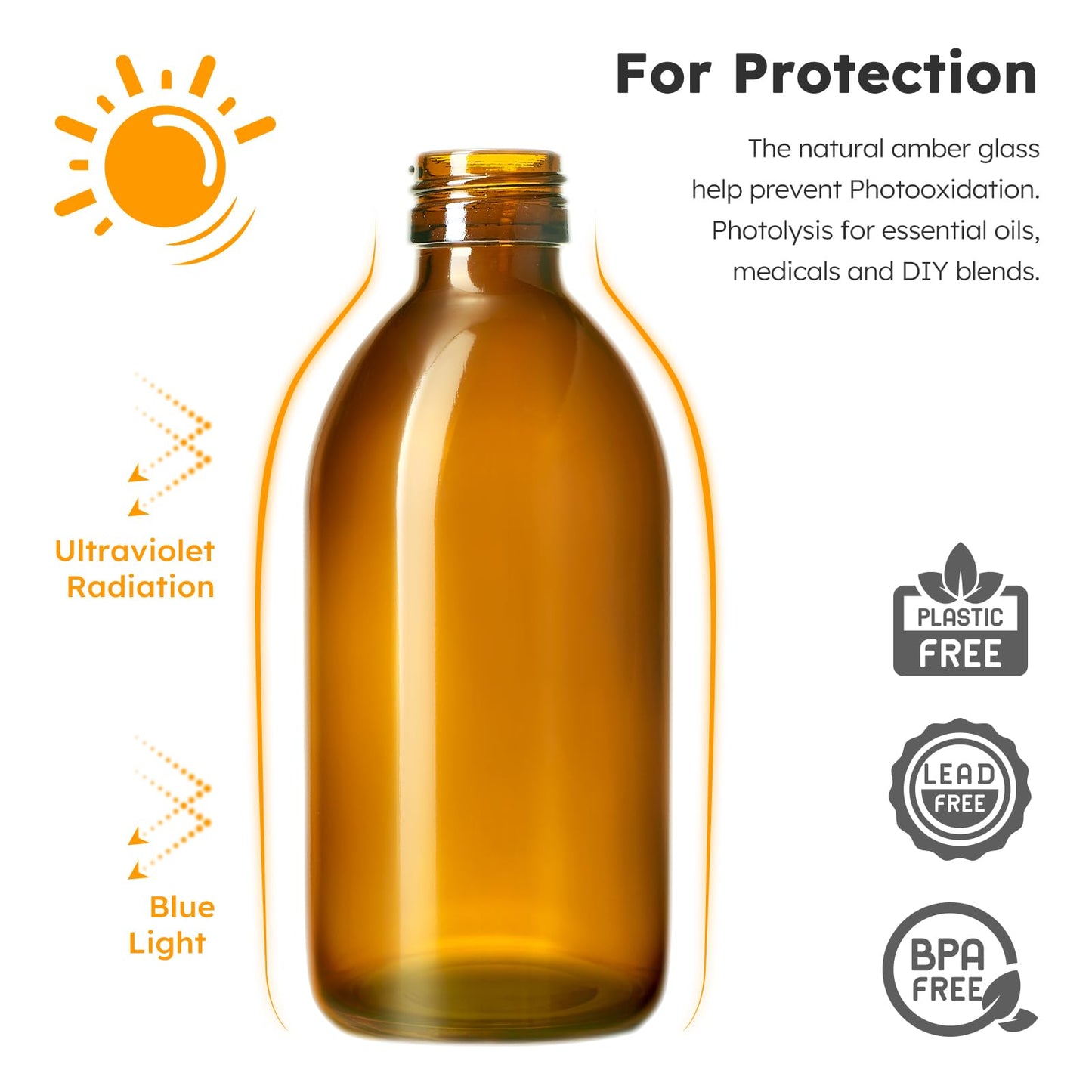 Tecohouse Amber Glass Spray Bottles 8.8 oz, 3 Pack Empty Spray Bottle for Essential Oils, Small Glass Bottles for Cleaning Solutions, Plants, Hair with Durable Nozzle, Labels, Funnel