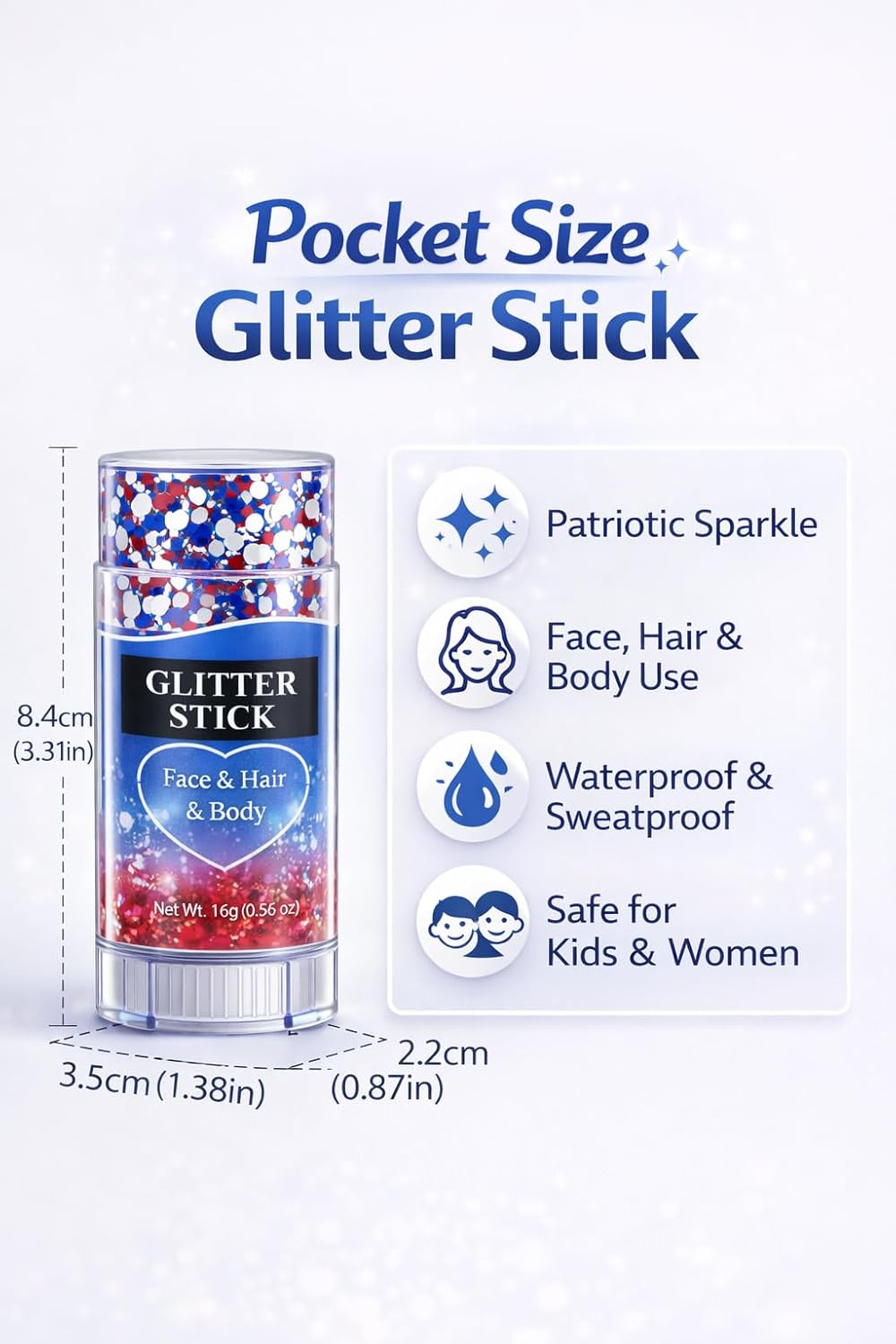 Patriotic Glitter Stick - Red, White & Blue Face, Hair & Body Glitter for 4th of July | Sparkling, Self-Adhesive & Waterproof