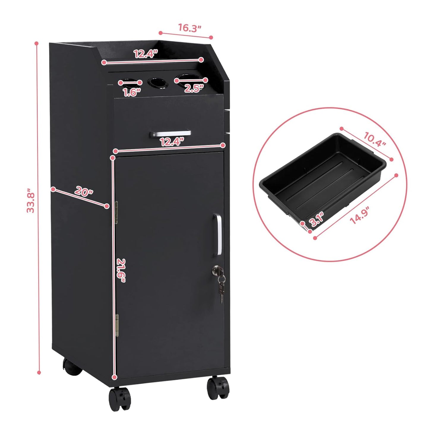 Hair Salon Storage Cart - Mobile Makeup Case with Wheels, 3 Hair Dryer Holders & 4 Drawers | Black Utility Trolley