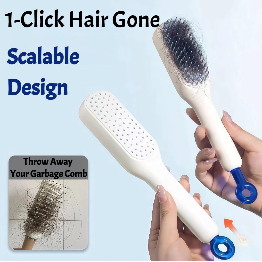 Self-Cleaning Hair Brush Set - Retractable Cushion Massage Comb for Women | Travel-Size, Lightweight Pink & White