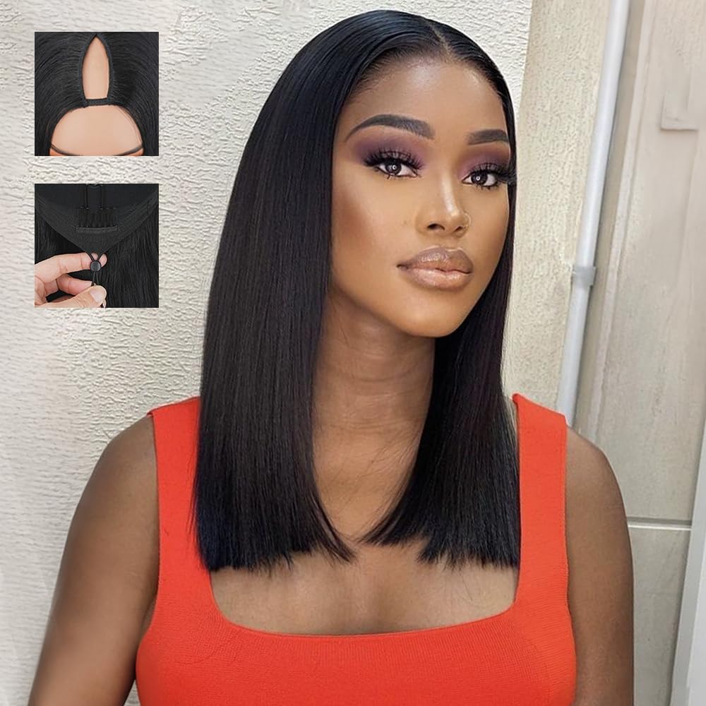 V Part Bob Wigs - 250% Density Brazilian Straight Human Hair for Black Women | 10-Inch Glueless Clip-In Half Wig