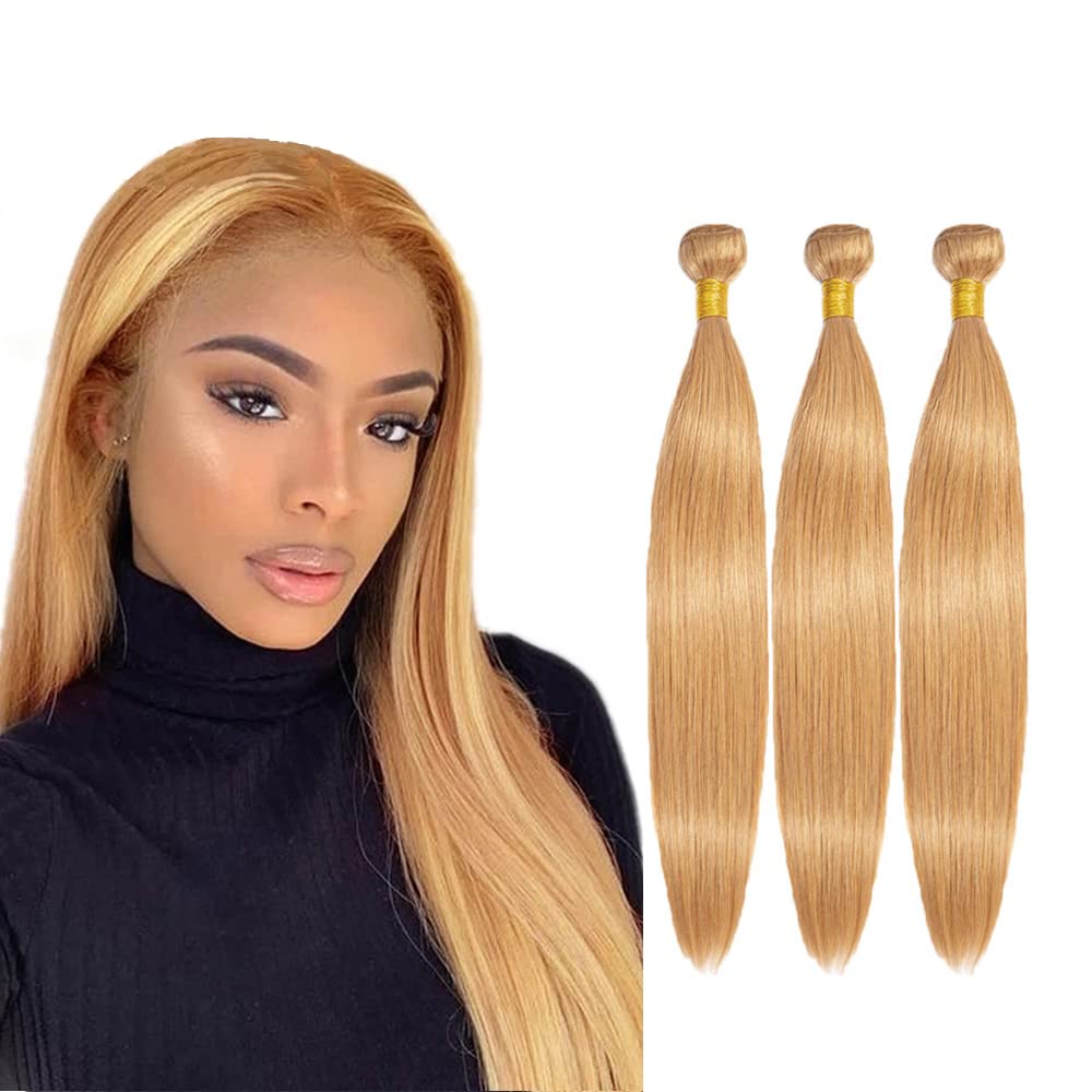 24 26 28 Inch #27 Blonde Bundles Human Hair Straight 3 Bundles 100 Grams/Bundle 10A Grade Unprocessed Brazilian Virgin Hairs Honey Blonde Bundle Weaves Hair Extensions For Women
