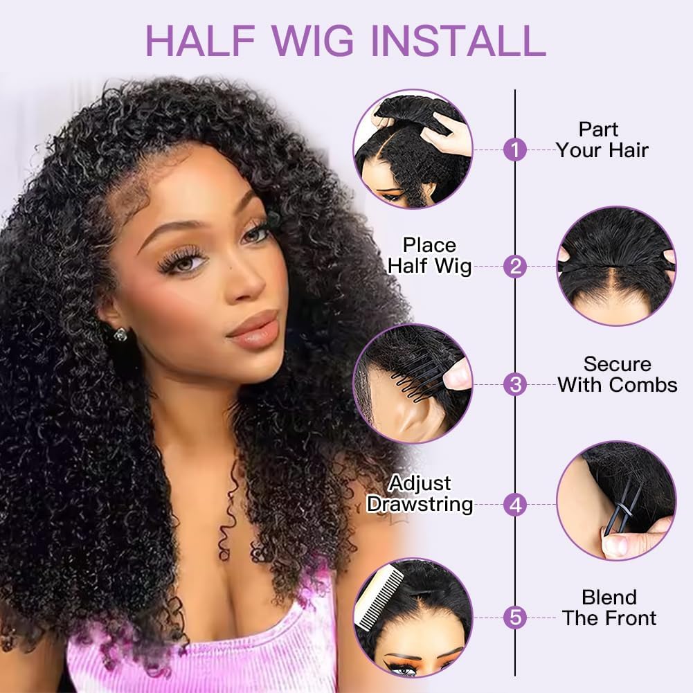 Kinky Curly Half Wig - 250% Density Human Hair | Glueless, Beginner-Friendly 20 Inch Flip Over Design