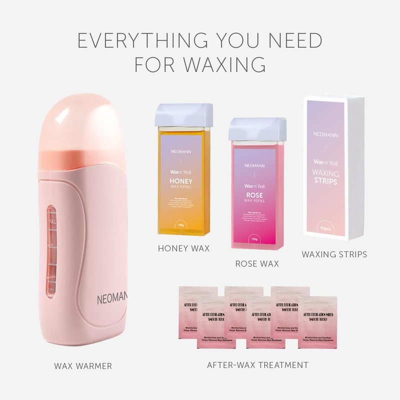 NEOMANN Roll on Wax Roller Kit for Hair Removal 50 Wax Strips for Hair Removal - with 6 Post-Wax Treatments