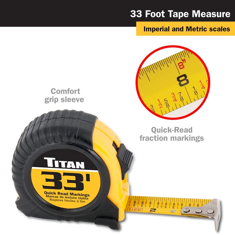 Titan 10908 Tape Measure with Easy-Read Standard Markings and Durable Case, 33-Foot