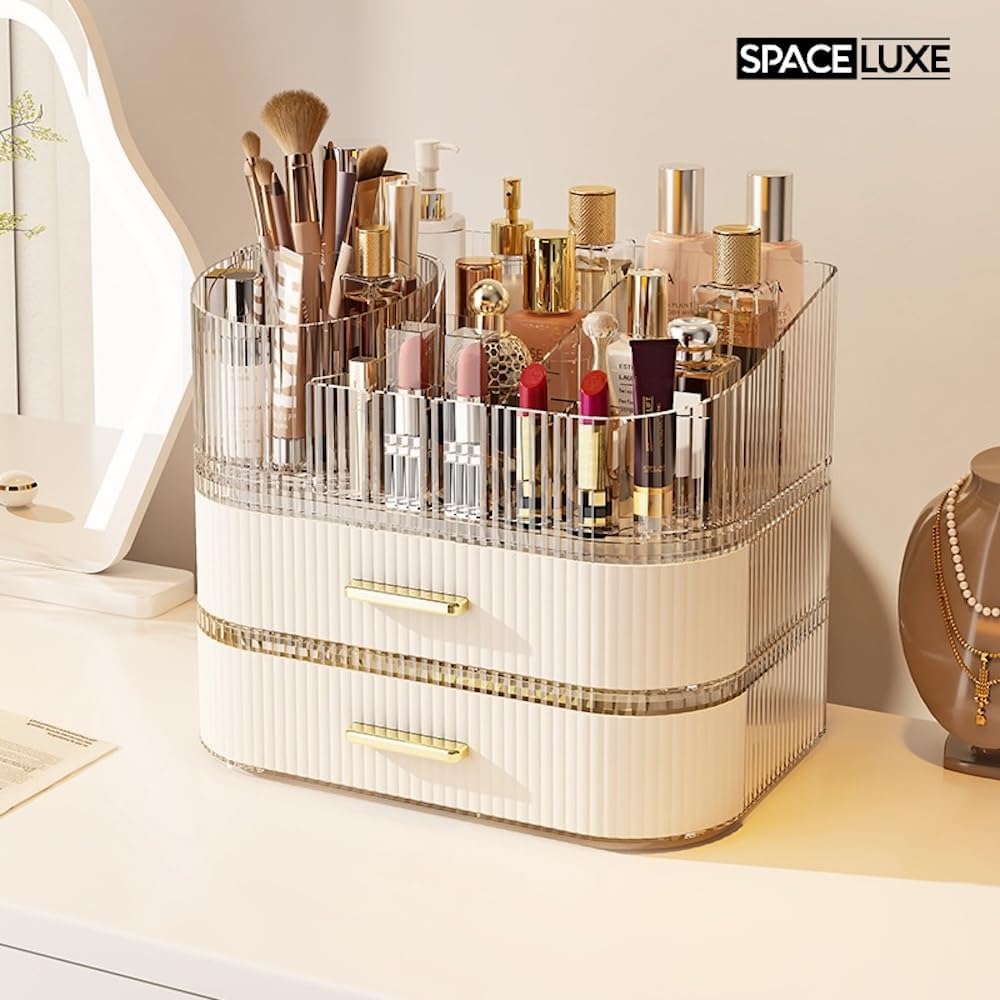 Makeup Organizer - 360° Rotating Brush Holder & Large Capacity Storage | Cream White, 3-Layer Design for Vanity & Accessories