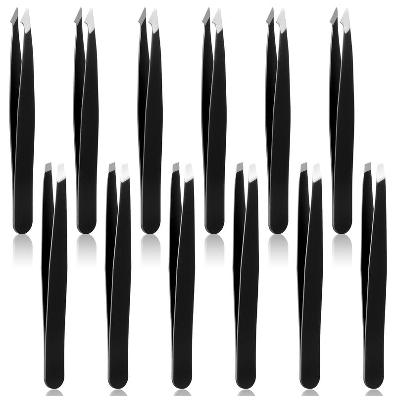 12 Pcs Tweezers Bulk, Stainless Steel Eyebrow Tweezers Slanted Tip Precision Tweezer for Facial Hair Ingrown Hair Blackhead Splinter Removal and Lash Extension for Men Women (Black)