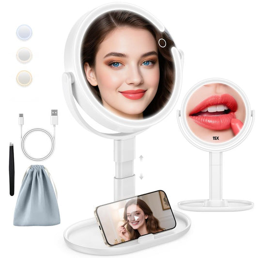 HUNCAB Makeup Mirror with Lights, 4000mAh Rechargeable Magnifying Mirror with 3 Colors Lights and Adjustable Brightness, 15X/1X Makeup Mirror, Height and 360°Adjustable, Valentine's Gifts for Women