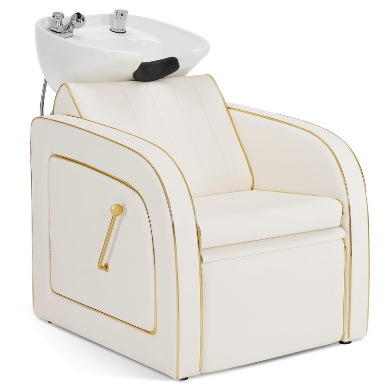 BarberPub Backwash Shampoo Chair and Bowl Set, Adjustable Porcelain Ceramic Wash Bowl Sink Unit, Luxurious Shampoo Station Chair for Spa Beauty Salon Hair Salon 9175 (Luxurious, Cream White)