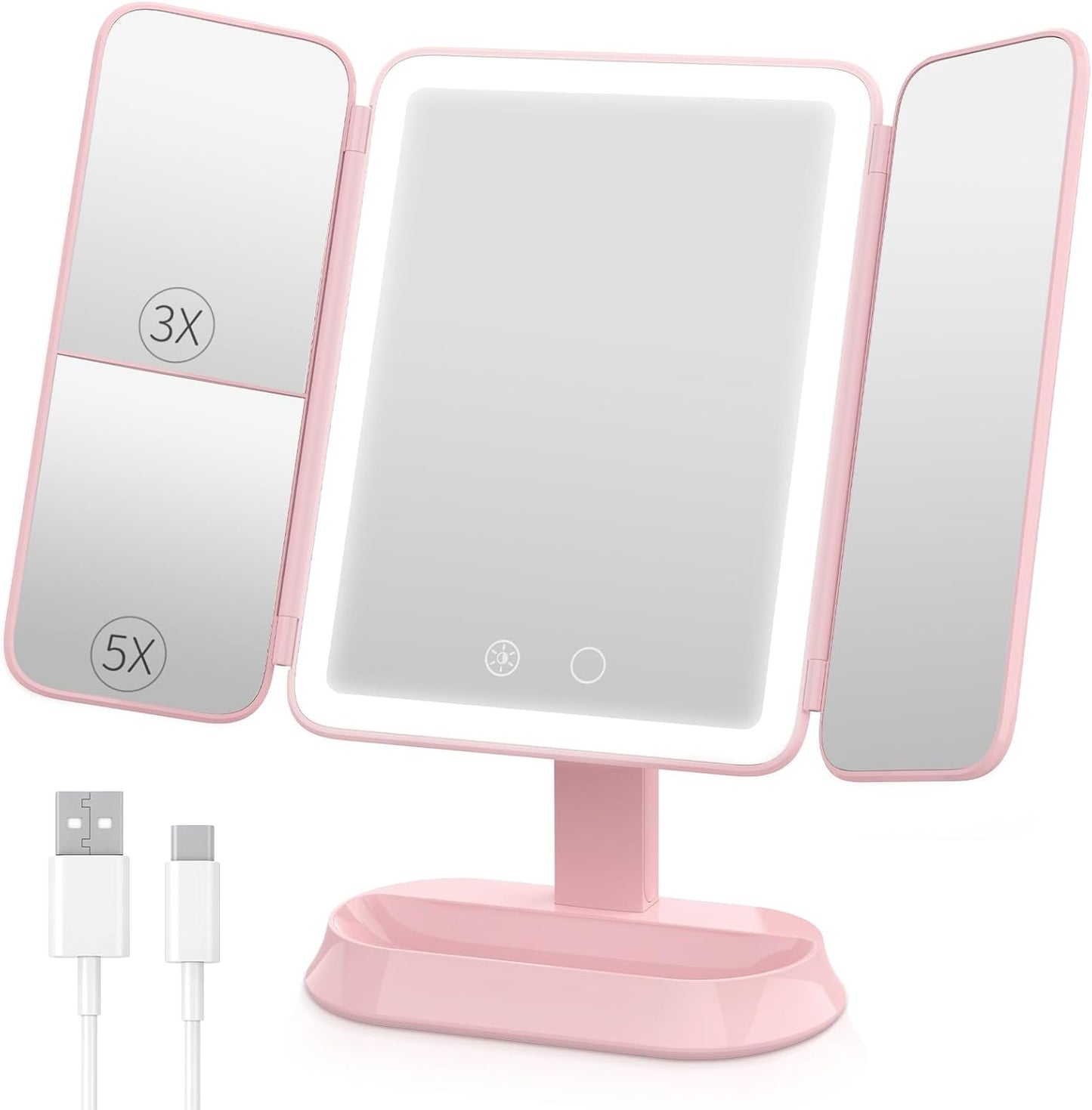 Illuminated Makeup Mirror - 1X/3X/5X Magnification, Dimmable Soft Light, 360° Rotation | Rechargeable Trifold Mirror for Travel & Dorm