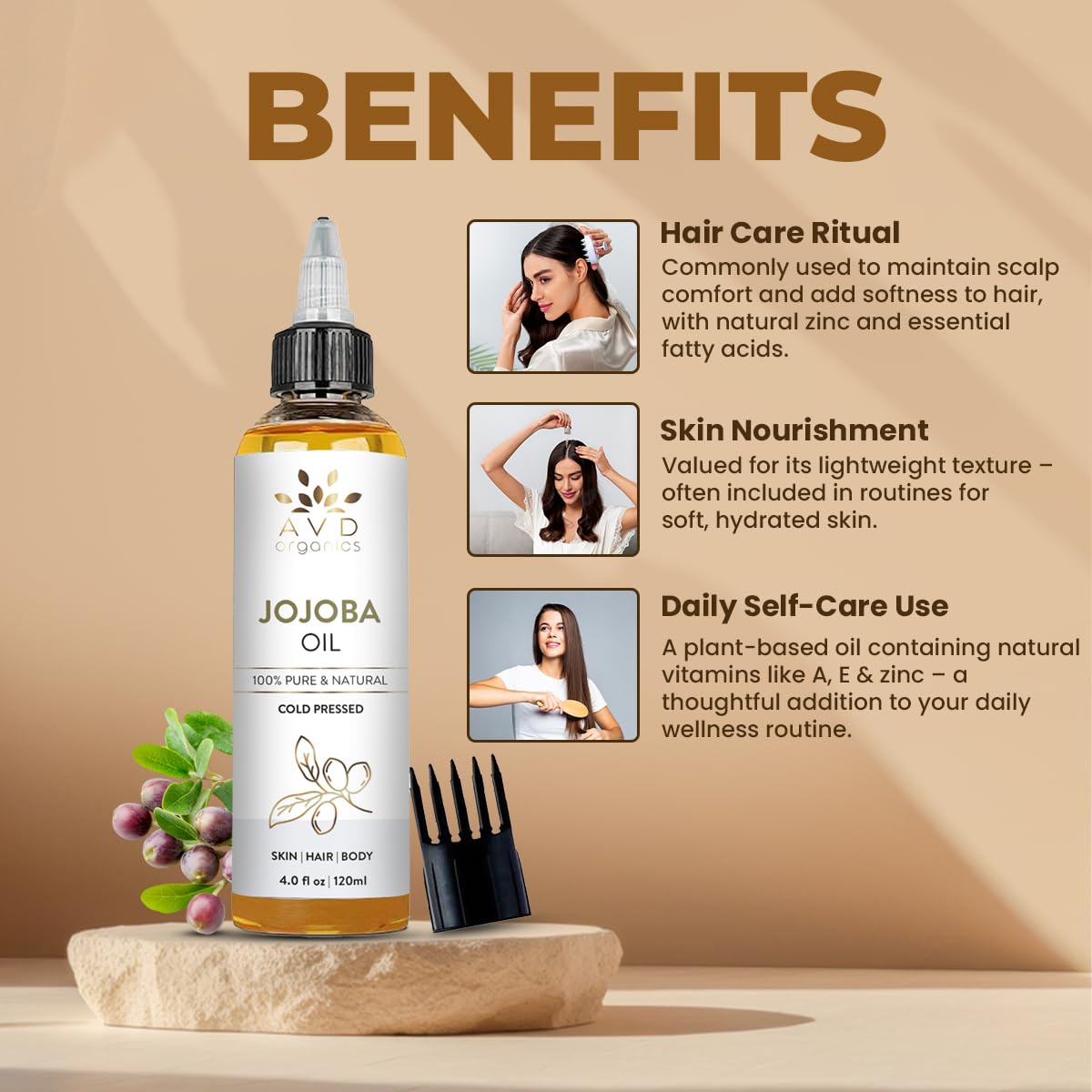 Jojoba Oil for Hair - Natural Cold-Pressed, Unrefined | 120ml (4.05 fl oz) - Ideal for Face, Scalp, Nails & Cuticles