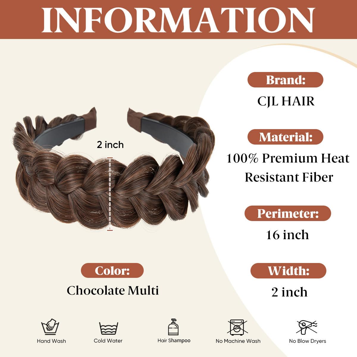 CJL HAIR Wide Braided Headbands Hair Piece for Women Synthetic Hair Hoops Head Bands with Teeth Handmade Braid Hairband Accessories Chocolate Multi 1PC
