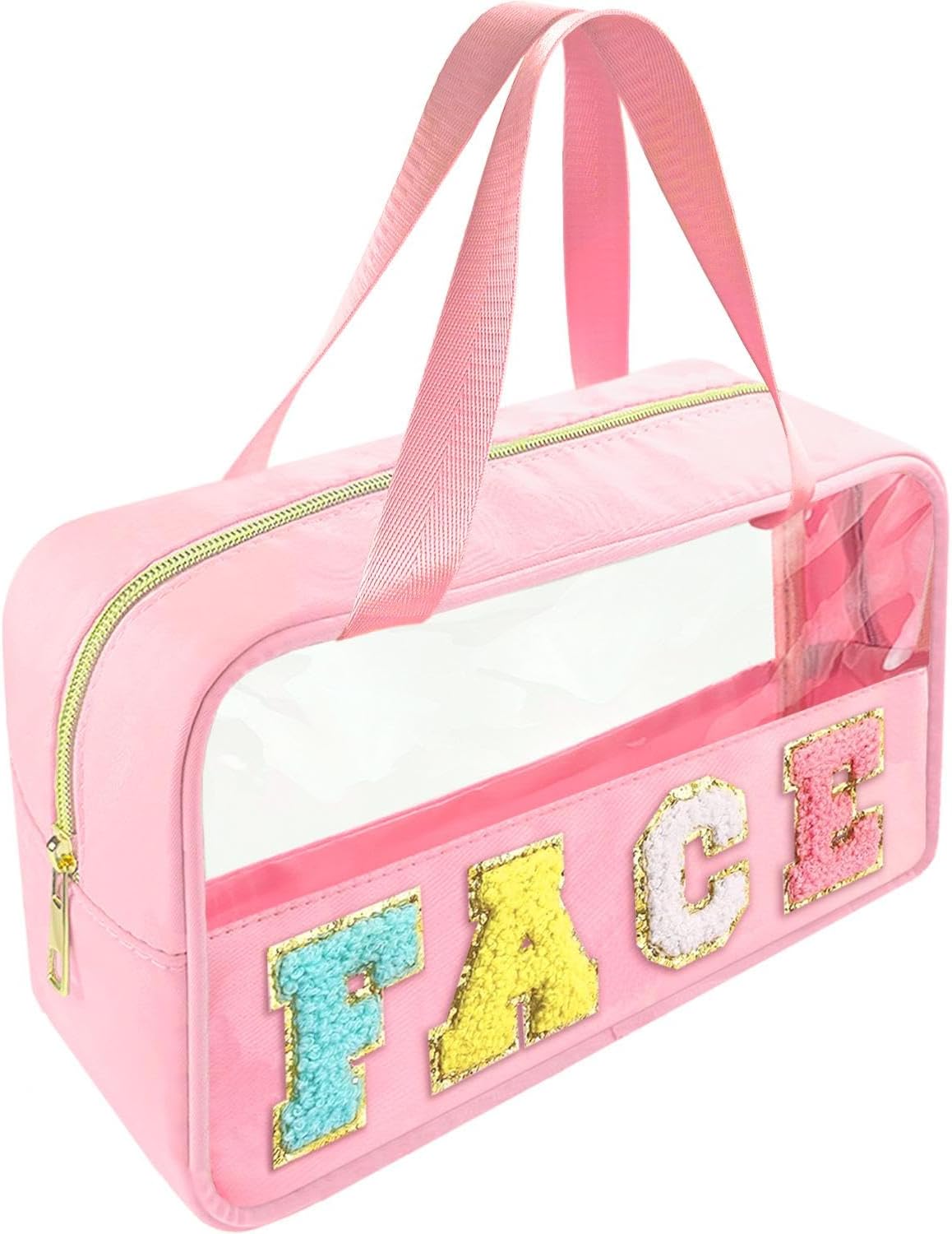 Chenille Letter Clear Makeup Bag - Waterproof Travel Toiletry Bag with Handle | Preppy Dance Patch Design (Black)