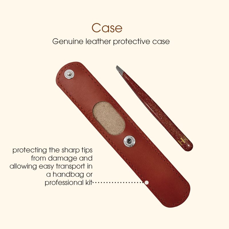HH Tweezer – Professional Stainless Steel Eyebrow Tweezers with Genuine Leather Case for Makeup & Brow Artists (Brown)
