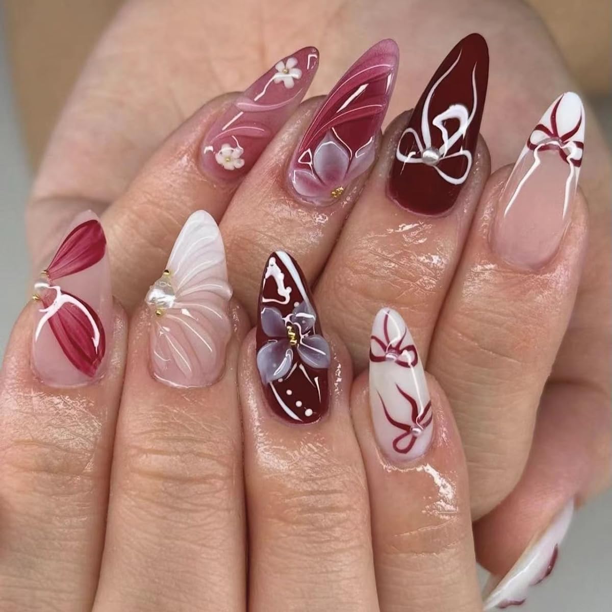 French Tip Almond Press-On Nails - Cat's Eye Acrylic with 3D Charms | 24 Pcs Set