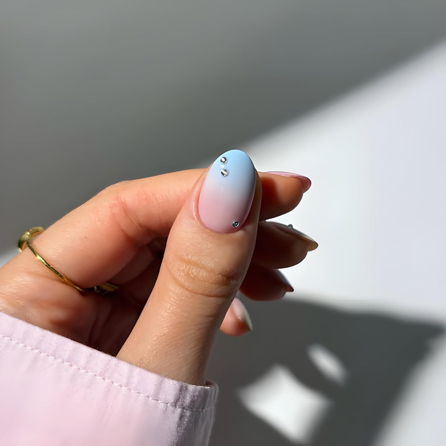 24Pcs Press on Nails Short Glossy Fake Nail Colorful False Nails Almond Stick on Nail Pink Yellow Purple Blue Glue on Nails with Rhinestones Design Gradient Nails Press Ons for Women and Girls