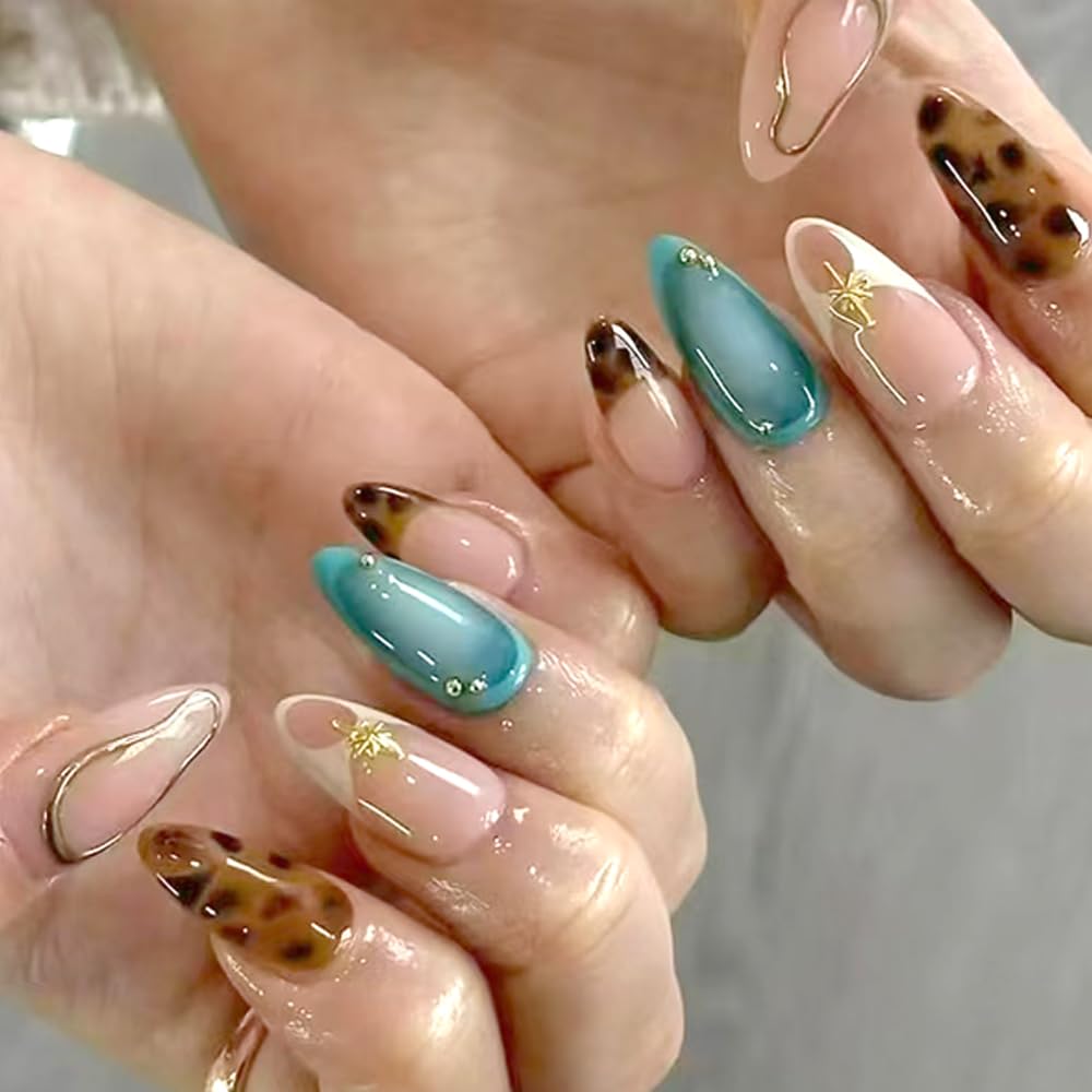 Cat Eye French Tip Press-On Nails - Nude & Pink Short Almond | Reusable Glue-On Nails with Gold Line for Weddings & Parties