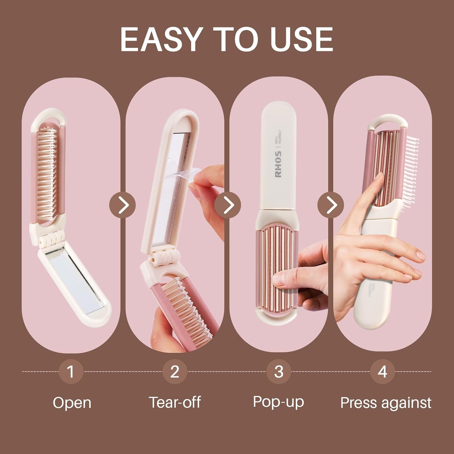 Folding Hair Brush with Mirror - Mini Purse Brush for Women & Girls | Soft Nylon Bristles, Travel Size (Beige)
